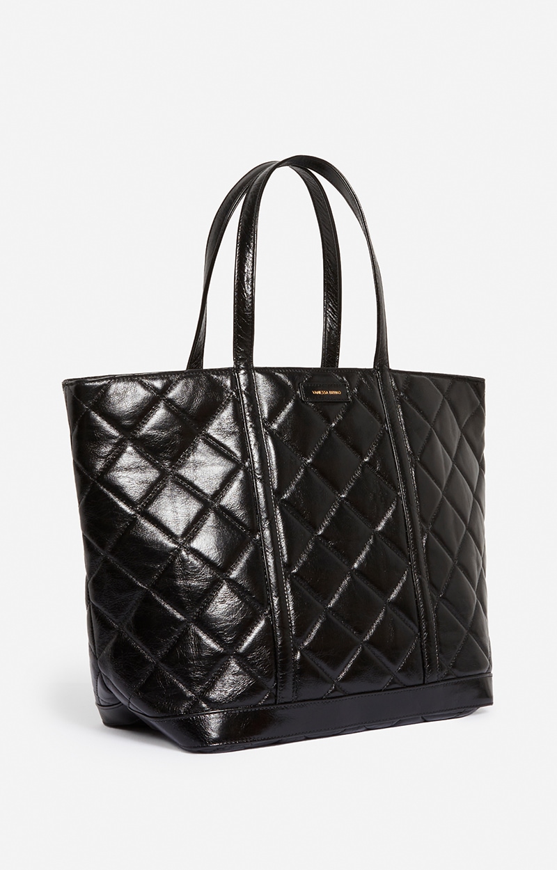 Quilted Leather XL Cabas Tote Zipped Shoulder Bag Noir , Vanessa Bruno